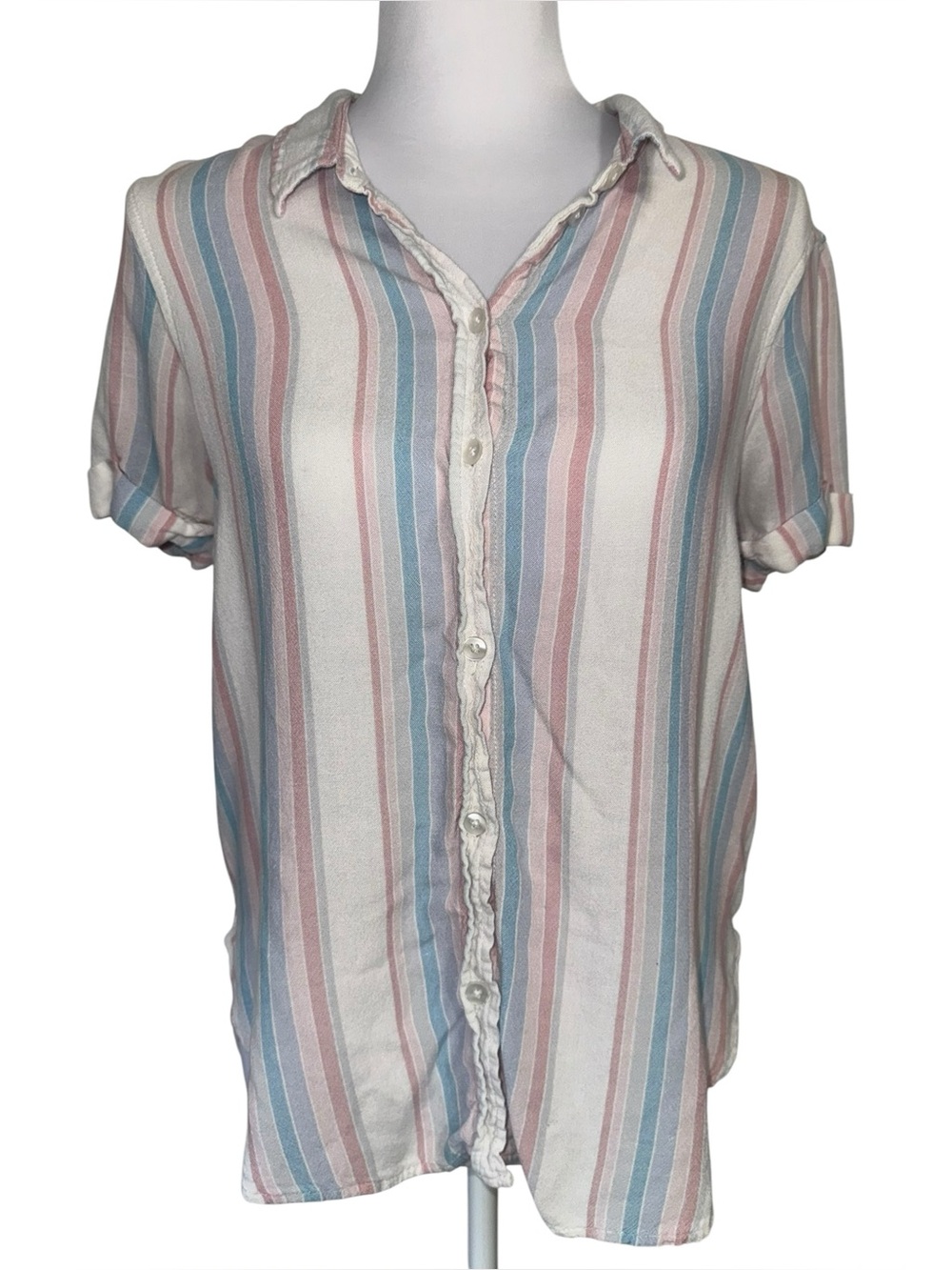 American Eagle XS Striped Button Front Blouse Pink Blue Linen Blend Top